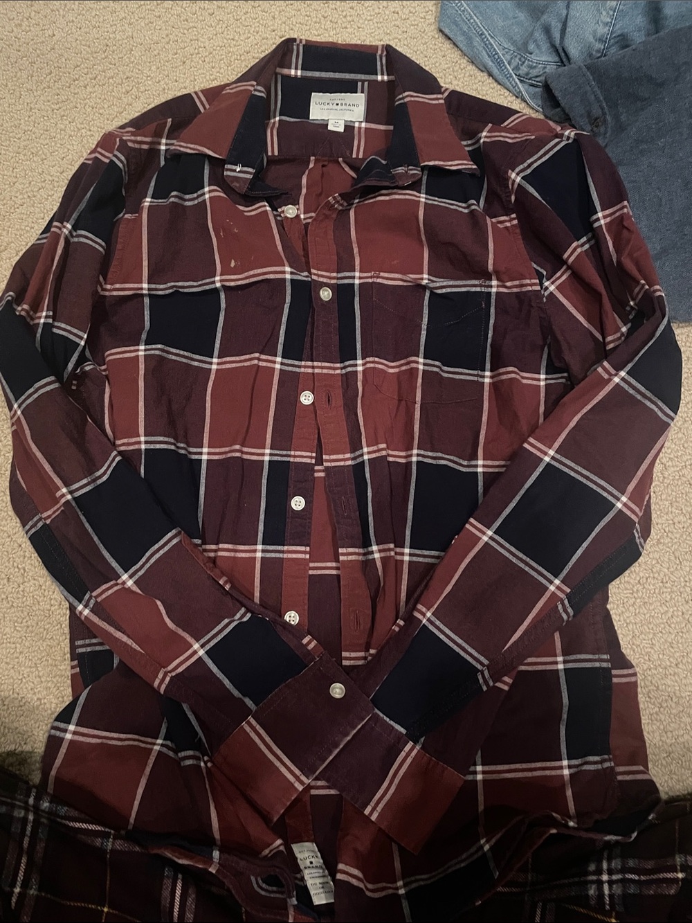 Lucky Brand Men’s Burgundy and Navy Plaid Button-Down Shirt
